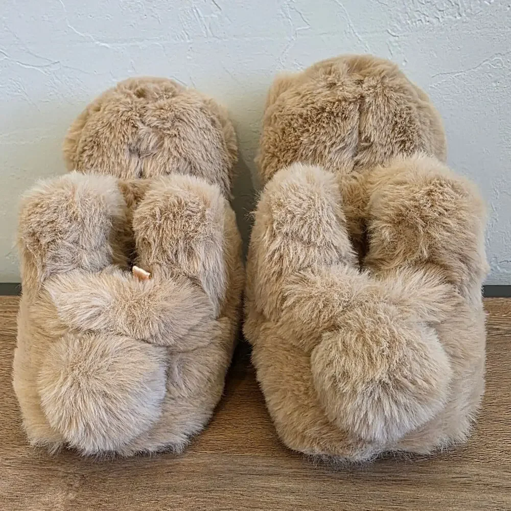 babyGap Bear Slippers Kids Size 7 8 Tan Plush Cozy Animal Toddler House Shoes